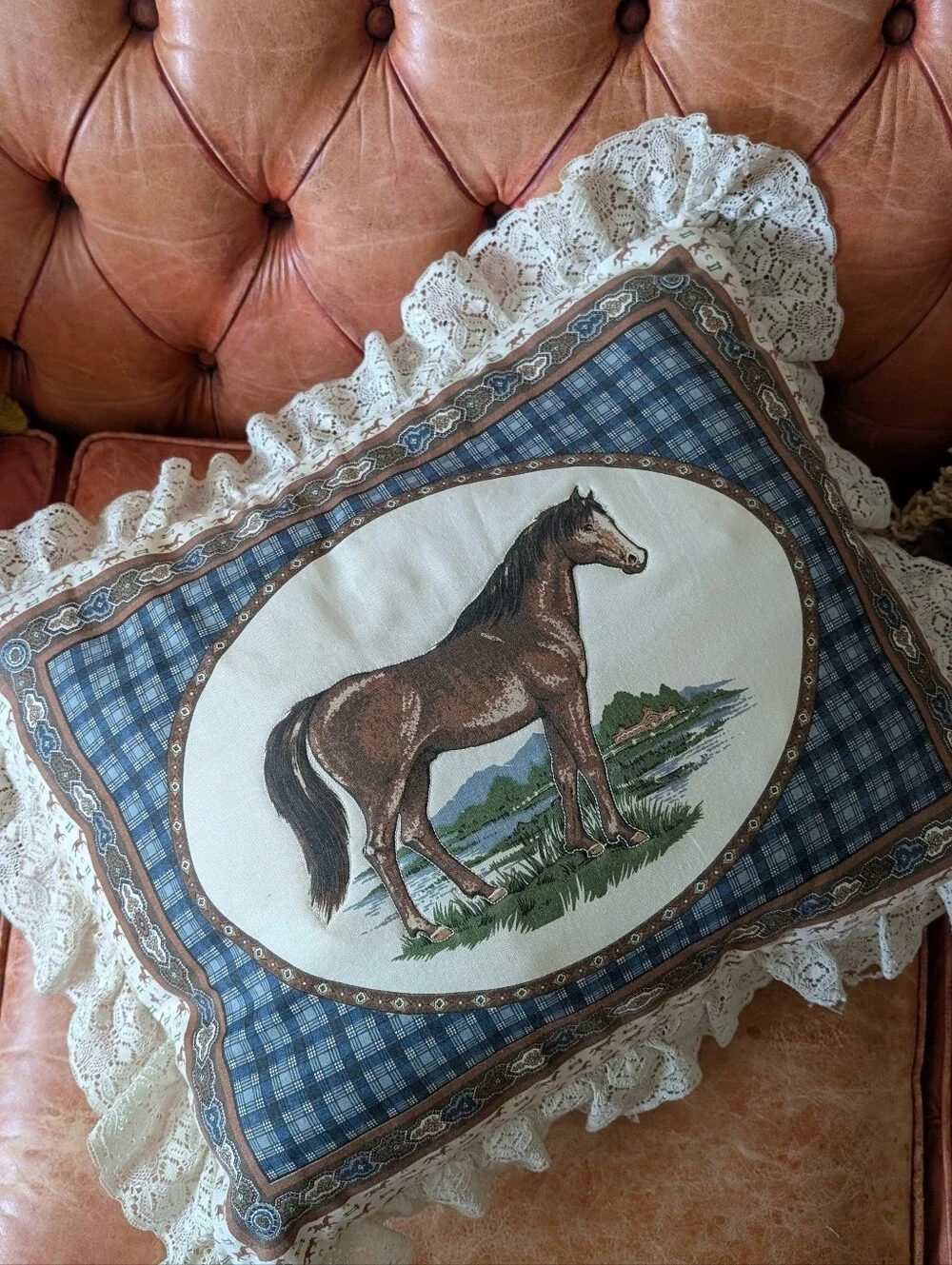 Vintage Horse Tapestry Pillow | Cottagecore Lace Accent Equestrian